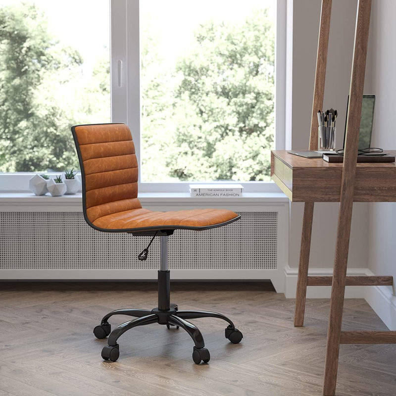 Alan Low Back Ribbed Upholstered Vinyl Swivel Desk Chair With Padded Seat Modern Adjustable Height Padded Office Chair Brown
